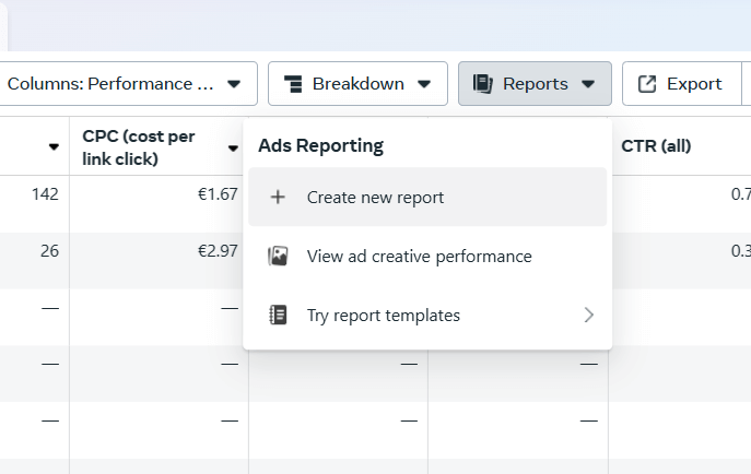 Facebook Ads Manager custom reports