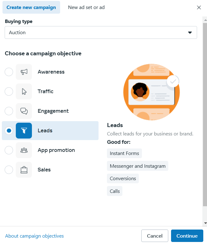 Meta Ads Manager campaign type objectives