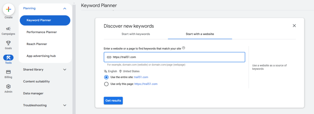 google keyword planner keyword research with a website